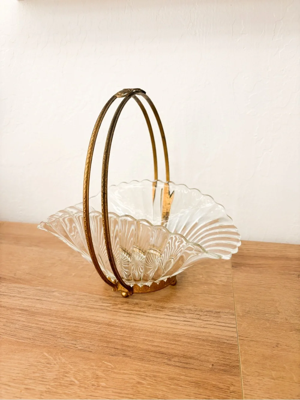 Vintage Ribbed Glass and Brass Ormolu Basket 9”